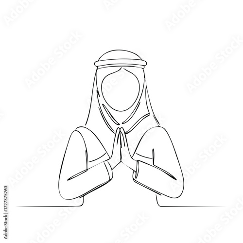 Elegant Line Art Illustration of a Person in Traditional Middle Eastern Headdress With Hands Clasped in Respectful Greeting