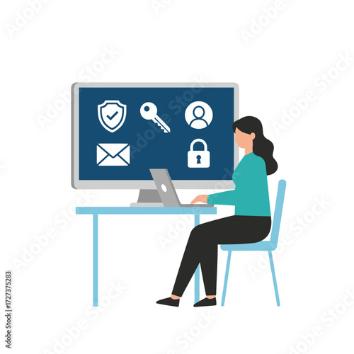 Business professionals use monitors to analyze report graphs and investment plan concepts, while flat design concepts are applied to social media monitoring and analysis by digital marketing teams