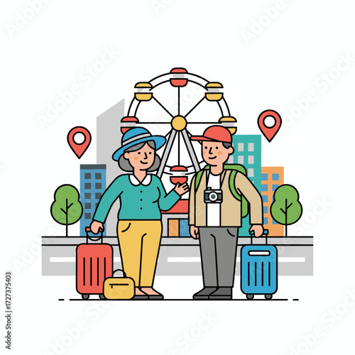 An elderly tourist couple, a grandmother and grandfather, are traveling with suitcases
