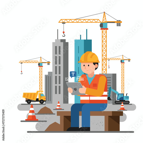 Illustrate a construction worker texting, with a job site behind them, for use on a website, app, or presentation