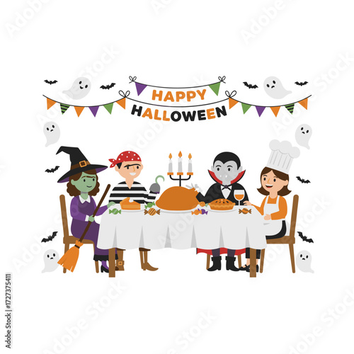 Illustration concept of a family sharing a Halloween dinner together, presented as a flat image on a white background