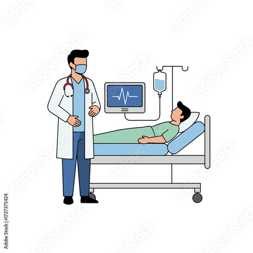 A young female physician holds a tablet while attending to a patient beside medical gear