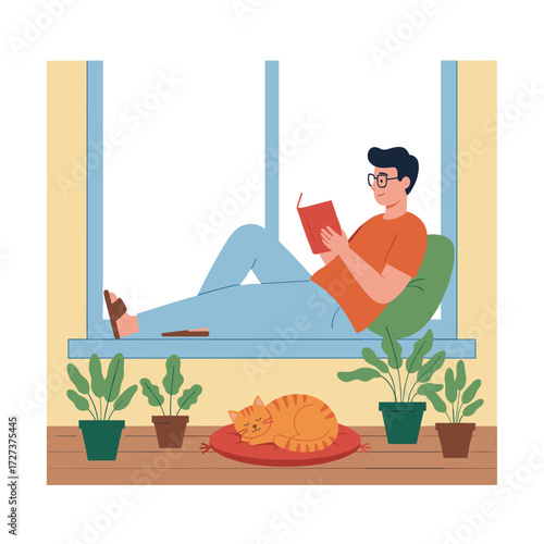 The boy reads a book on the windowsill, staying at home