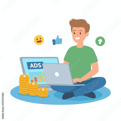 Concept of a flat vector illustration for Facebook advertising and marketing, suitable for web banners, infographics, and hero images, displayed on a white background