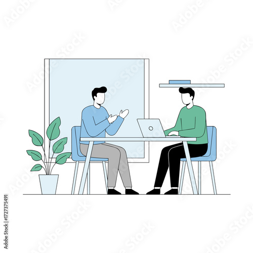 Vector illustration concept depicting an HR manager interviewing applicants in an office