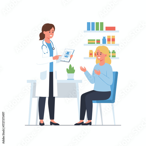 Illustration of a female doctor explaining medication on a white background