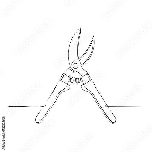 Continuous line art of open pruning shears, a minimalist garden tool illustration