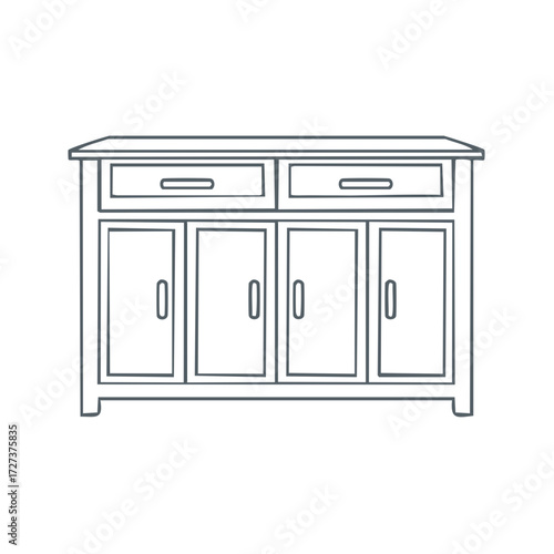 Minimalist line art illustration of a wooden storage cabinet with drawers and doors