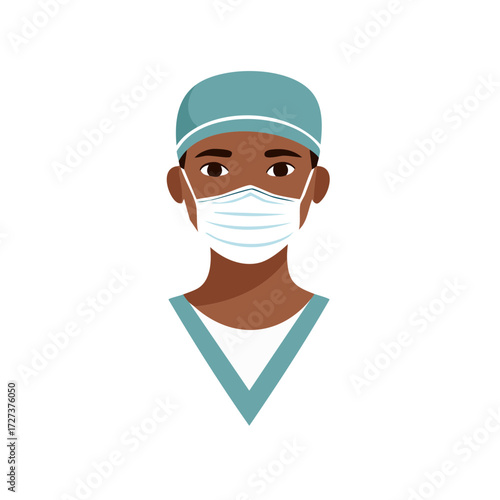 Vector illustration of a medical professional wearing a surgical mask and scrub cap for health and safety