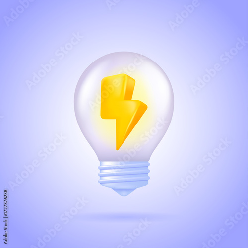 Glowing lightbulb with lightning electricity symbol inside,  innovation, business idea, creative solution and inspiration, 3d vector illustration. Isolated plastic cartoon vector icon.