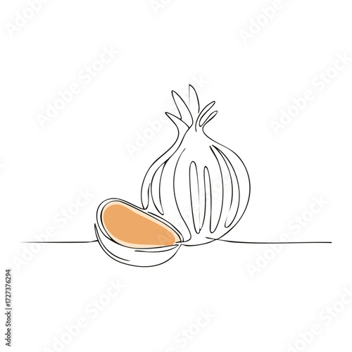 Minimalist single line drawing of a whole onion and half an onion with orange flesh on a white background