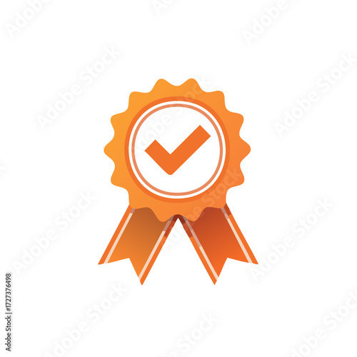 Orange Approved Quality Badge, Ribbon Checkmark, Symbol of Success and Validated Service