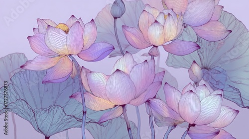 Wallpaper Mural Pastel lavender with single-stroke lotus lines and floating petals in Japanese ink style Torontodigital.ca