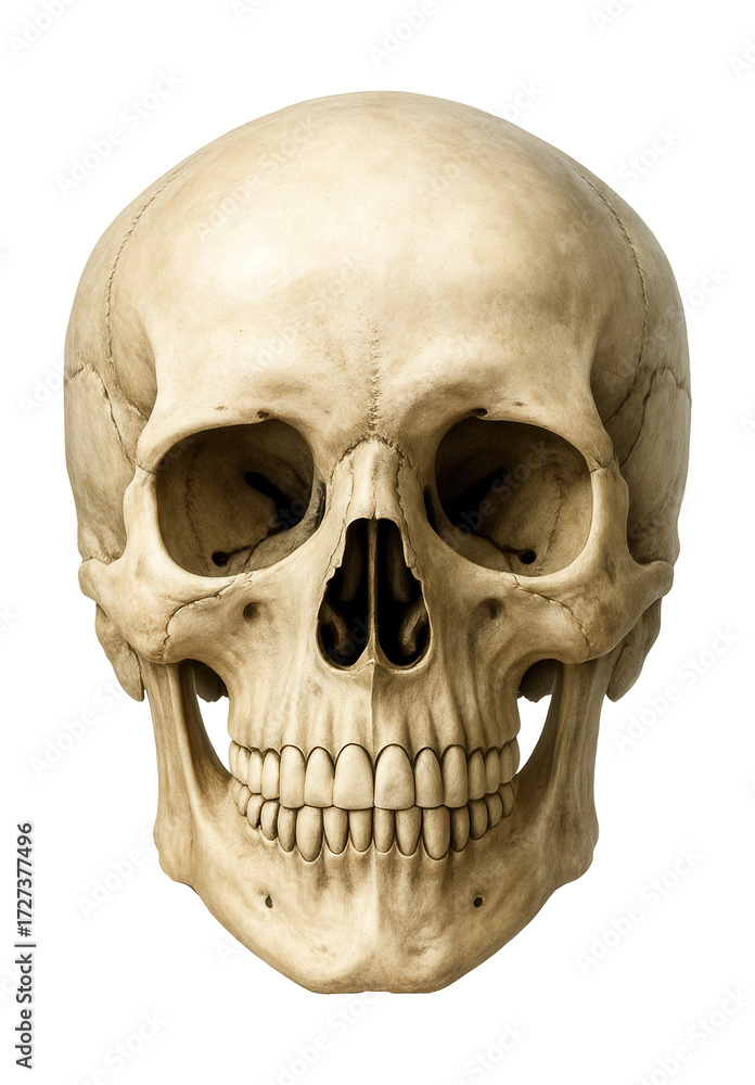 Obraz premium Realistic human skull bone anatomy with visible teeth.