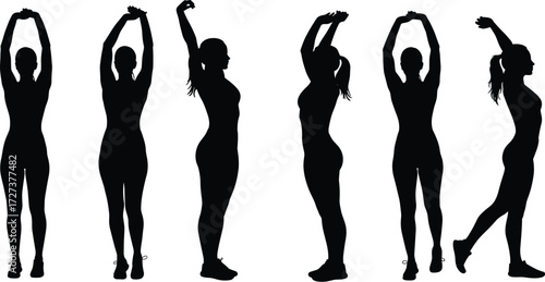 Silhouette fitness stretching poses with arms raised, exercise illustration, healthy lifestyle concept, workout vector design, yoga posture, wellness training art