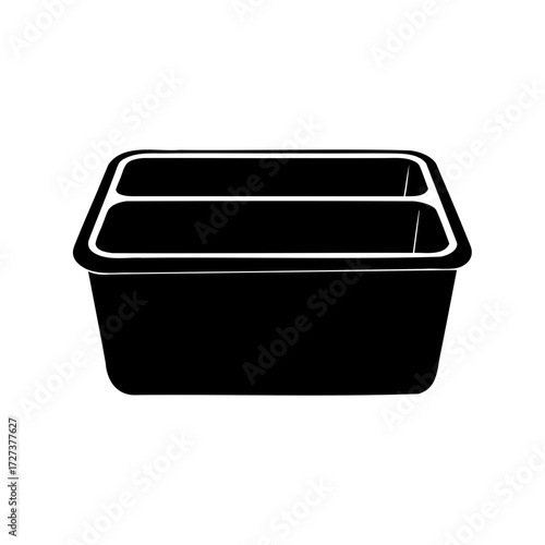 Black solid two compartment tray container for food on white background