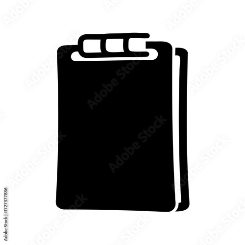 Black clipboard icon with paper sheets, simple monochrome illustration design