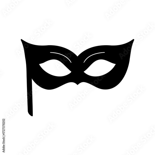 Simple vector graphic depicting a black masquerade mask with a side handle