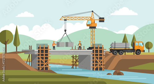 Bridge Construction Project with Crane and Workers Building Infrastructure