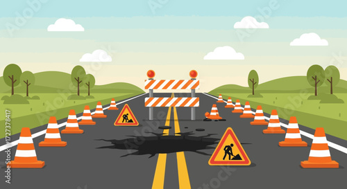 A vector illustration of a road under construction, featuring a large pothole, safety cones, barriers, and warning signs in a landscape