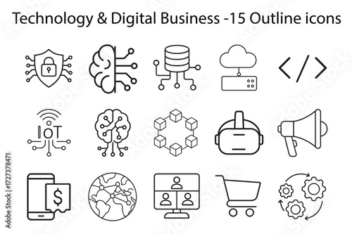 Technology & Digital Business Outline Icon Set – Including Cybersecurity, AI, Cloud, Blockchain, and more E-Commerce Vectors