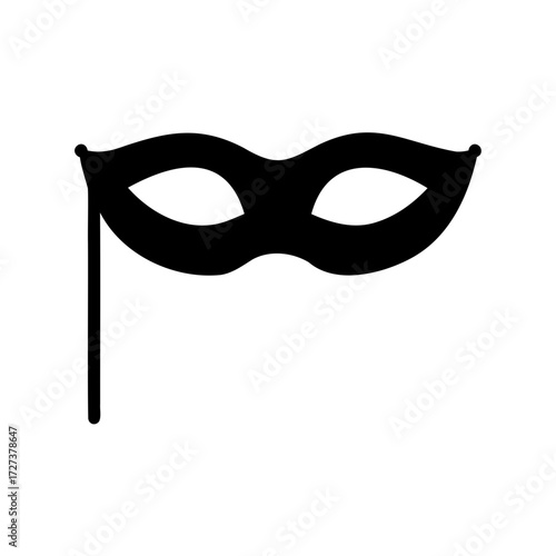 Monochrome graphic representation of a classic Venetian carnival mask on a stick