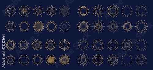 Simple geometric exploding festive fireworks isolated on blue background. Christmas elements for holiday, flyer, greeting card. Decorative backdrop for New Year. Isolated Vector EPS10