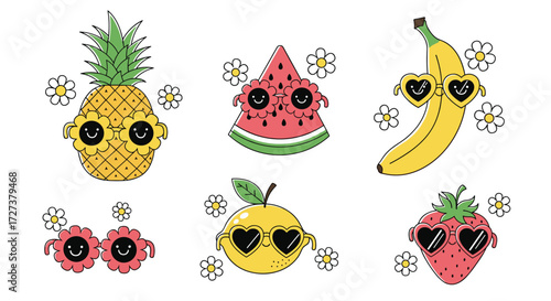 Cute cartoon fruits wearing sunglasses and surrounded by small flowers on a white background.