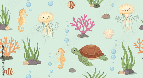 A charming pixel art illustration of an underwater scene.