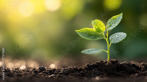 Spring renewal gardening scene with sprouting sapling showing life force and morning dew