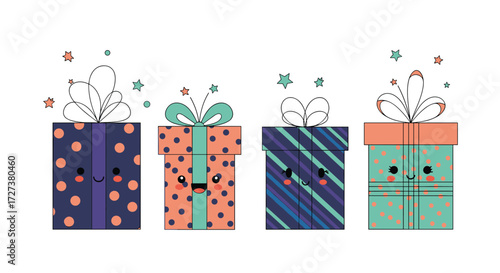 Four cute kawaii birthday presents with confetti exploding from the top.