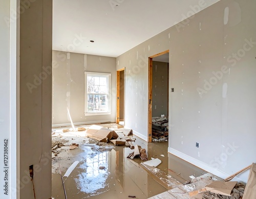 Interior of a house undergoing renovation with water damage