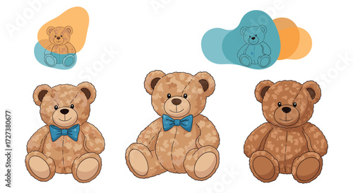 Three fluffy brown teddy bears with blue bow ties sit on a white background.