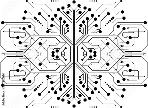 An intricate, symmetrical black and white illustration of a complex electronic circuit board design.