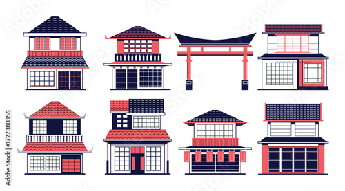 A collection of traditional Japanese building illustrations featuring houses, shops, and a torii gate in a flat vector style