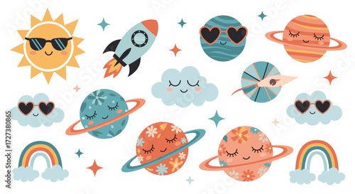 A whimsical collection of celestial bodies and space elements adorned with charming facial features and playful accessories