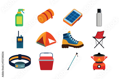 Outdoor Camping Hiking Equipment Flat Icon Set