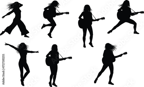 Silhouette rock guitarists performing energetic poses with electric guitars, music concert vector illustration for rock band, heavy metal, live performance themes