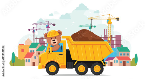 A cheerful teddy bear drives a yellow dump truck loaded with dirt on a construction site.