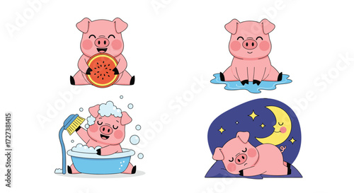 Cute cartoon pigs enjoying different activities like eating fruit taking a bath and sleeping peacefully under the starry night.