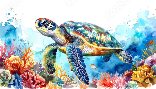 Fototapeta Naklejka Na Ścianę i Meble -  Watercolor painting of a sea turtle swimming amidst colorful coral reef and bubbles