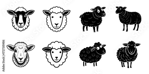 Cute 8 Sheeps SVG Vector – Cartoon Farm Animal Isolated on Transparent Background for Kids and Craft Design, black silhouette sheep