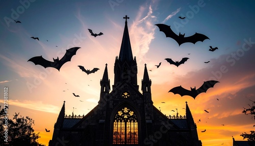 Gothic church silhouette with bats flying, blank sky center
