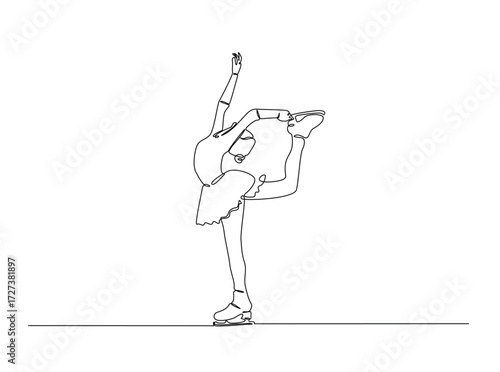 Figure ice skating in single outline illustration. Continuous line art drawing of ice skating dancer. Editable stroke.