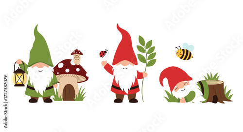Cute gnomes with a mushroom house a bee and a ladybug in a garden setting.