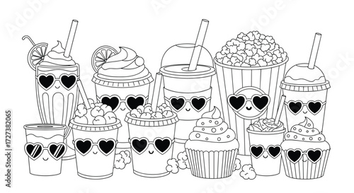 Adorable kawaii iced drinks with sunglasses and cute faces for summer fun.