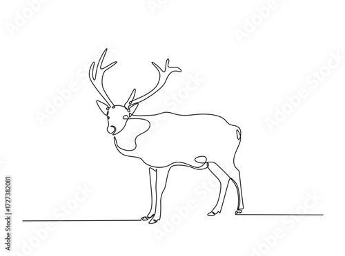 Reindeer in single outline illustration. Continuous line art drawing of wild reindeer. Editable stroke.
