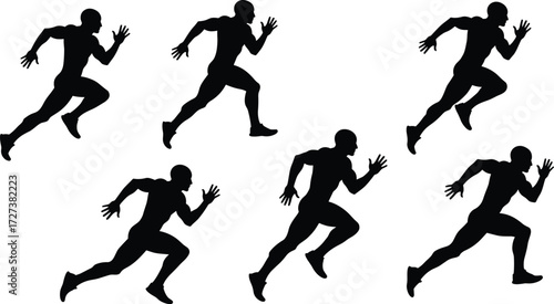 Silhouette running man poses in sprint motion, athletic training, jogging exercise, fitness workout, sports competition, dynamic movement vector illustration design