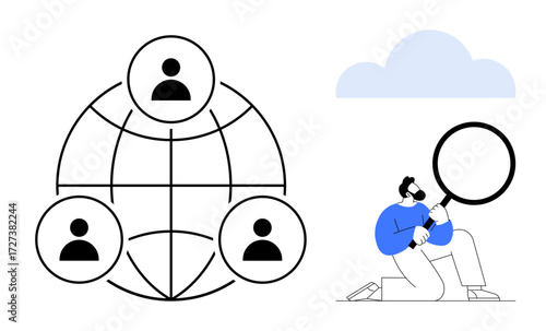 Human figure examines interconnected users in a global network with a magnifying glass under a cloud. Ideal for teamwork, community, global reach, research, collaboration, online presence, business