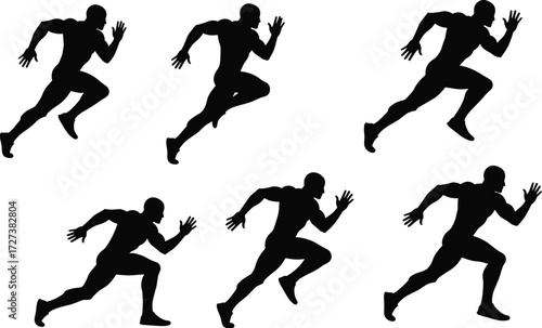 Silhouette running man poses in sprint motion, athletic training, jogging exercise, fitness workout, sports competition, dynamic movement vector illustration design